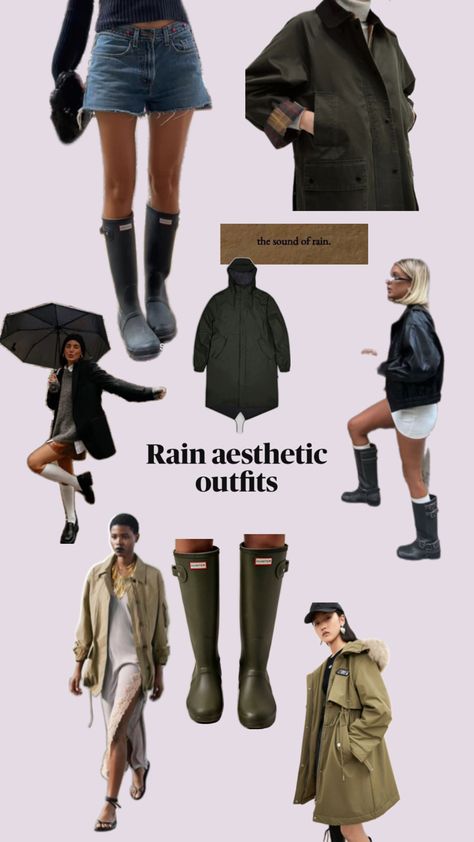 Collage with outfit ideas for a rainy day with rain boots and parka Brit Pop Aesthetic, Parka Aesthetic, Rainfall Aesthetic, Hunter Rain Boots Outfit, Rain Boots Outfit, Aesthetic Rainy Day, Outfit Rain, Parka Outfit, Pnw Style