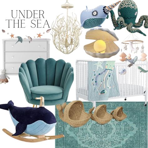 Sea Themed House, Nursery Themes Under The Sea, Ocean Themed Baby Room, Ocean Themes Nursery, Ocean Aesthetic Nursery, Marine Themed Bedroom, Ocean Inspired Nursery, Sealife Nursery Ideas, Sea Foam Nursery