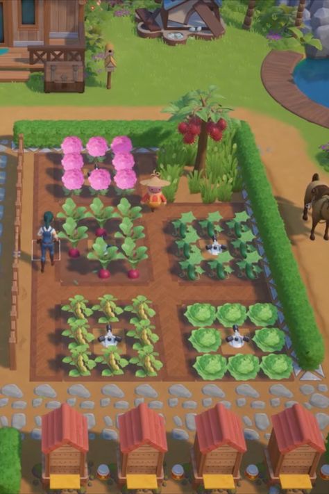 a gardener takes care of her coral island garden Coral Island Farm Design, Coral Island Farm Layout, Games Like Animal Crossing, Coral Island Game, Fae Farm, Aesthetic Gaming, Stardew Valley Tips, Coral Island, Kingdom City