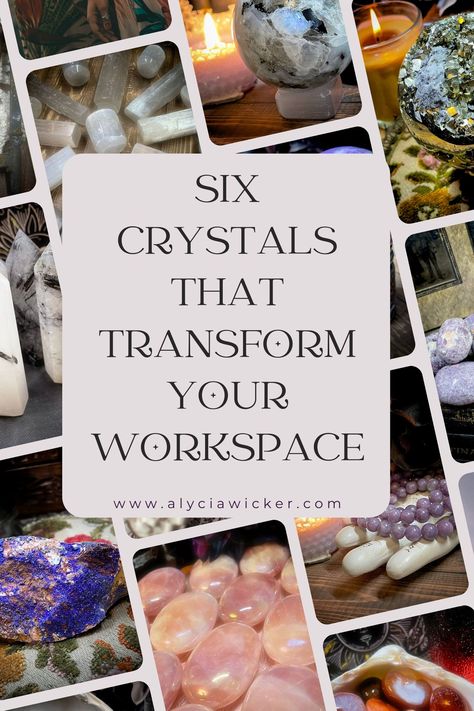 Crystals As Decor, Office Crystals Desks, Home Office Witchy, Zen Desk Decor Work Spaces, Crystals For The Office, Things To Keep In Your Desk At Work, Crystals For Office Space, Womens Desk Decor Work Spaces, Crystal Desk Decor