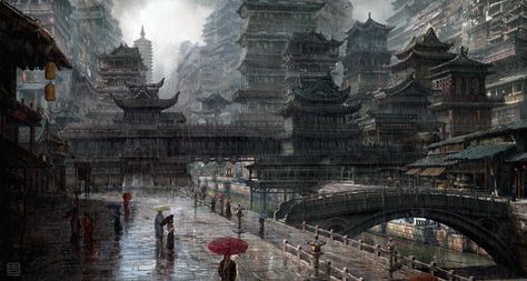 ArtStation - Ancient City, qiang zhou Image Painting, Nagano, China Art, Japanese Architecture, Fantasy City, Ancient China, Fantasy Places, Fantasy Art Landscapes, 판타지 아트