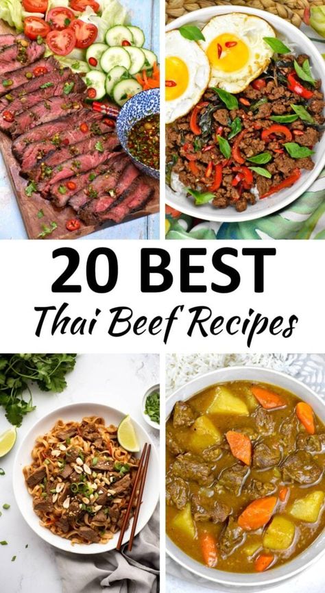 Thai beef recipe pin. Thai Beef Recipes, Thai Cuisine Recipes, Beef Roll Ups, Thai Basil Beef, Beef Massaman, Beef Massaman Curry, Beef Satay, Curry Meatballs, Thai Beef Salad