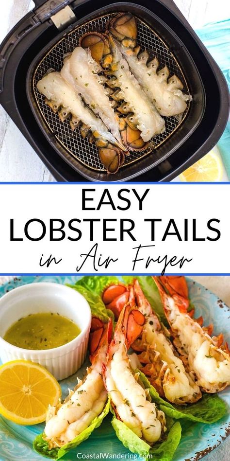 This air fryer lobster tail recipe with garlic butter sauce with lemon and herbs is so good you won't believe how easy it is! And we've got you covered with the best sides to serve with lobster tails for a complete lobster dinner. Airfry Lobster Tail, Air Fry Lobster Tail Recipe, How To Cook Lobster Tails In Air Fryer, Air Fried Lobster Tails, Airfryer Lobster Tail, Recipes For Lobster Tails, Air Fry Lobster Tail, Lobster Air Fryer, Air Fryer Lobster Tail Recipe