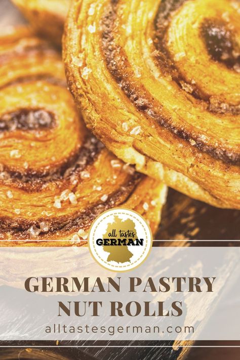 Learn how to make an amazing moist German Pastry named Nussschnecken. “Nuss” means nuts and “Schnecken” is German for snails. But no worries this chewy pastry has no snails in it. The name is inspired by the spiral look of the rolled-up cinnamon bun look-alike pastry. #germanpastry #germanpastryrecipes #pastry recipe #easy #breakfast #almond #yeastdoughpastry Austrian Pastries, German Buns, German Breads, Yeast Desserts, German Pastries, German Food Authentic, German Cooking, German Cookies, German Bread