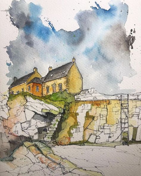 Charlie Flinders (@crmflinders) • Instagram photos and videos Fields Of Gold, Country Wall Decor, Watercolor Architecture, House Portraits, Urban Sketching, Affordable Art, Watercolor Landscape, Original Watercolor Painting, Watercolour Painting