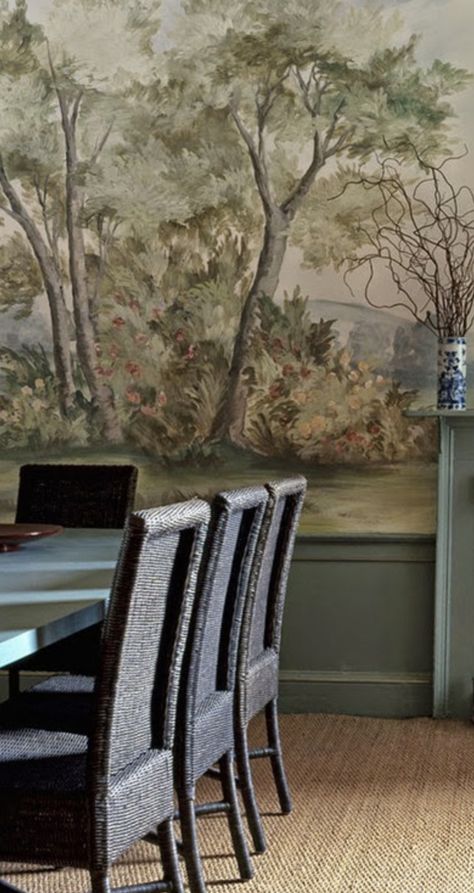 Dining Room With Mural, Dining Room Wallpaper Mural, Dining Room Wall Mural, Dining Room With Mural Wallpaper, Dining Room Wall Mural Ideas, Dining Room Mural Wallpaper, Mural Dining Room Wallpapers, Wallpaper Office Accent Wall, Nature Wallpaper Dining Room