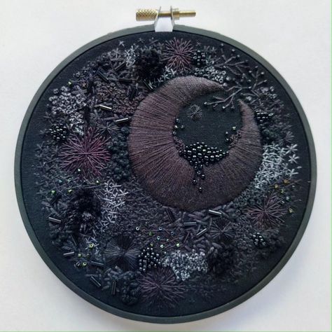 Abstract black embroidery piece with beads in a black 15cm bamboo hoop. All Black Embroidery, Black Hole Embroidery, Textile Embroidery Art, Dark Embroidery Designs, Goth Embroidery Patterns, Moody Embroidery, Dark Academia Embroidery, Vampire Embroidery, Bead Embroidery Ideas