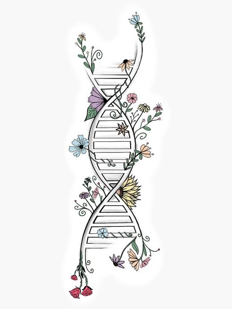 "floral DNA with colour " Sticker by ktclarke97 | Redbubble Dna Aesthetic Drawing, Plant Biology Art, Laptop Tattoo Ideas, Dna Wallpaper Biology Aesthetic, Biology Aesthetic Art Easy, Biology Drawing Aesthetic, Biology Book Cover Design Aesthetic, Science Related Art, Dna Aesthetic Wallpaper