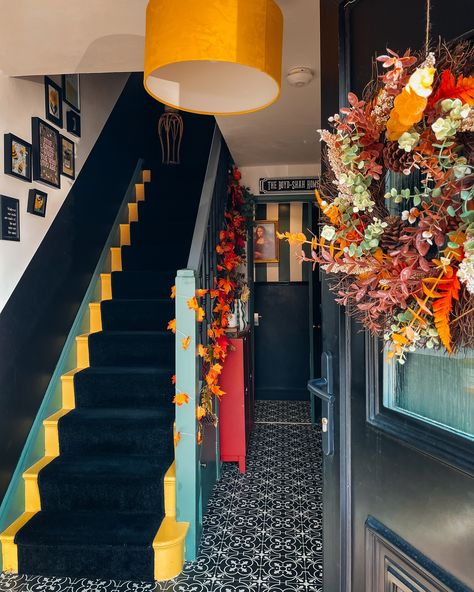 Now vs Then! Can you believe this is the same hallway? The power of paint and moody decor 🖤🌈 Our whole colourful journey started with that yellow lampshade! When then matched the shade to the colour on the stairs and it all kind of snow balled from there. I never planned to have so many colours but it all just kind of came together 💛 I feel like it’s perfect for decorating during the ‘ber months too 🍂 #hallwaydecor #moodydecor #powerofpaint #transformationtuesday #beforeandafter #pain... Maximalist Hallway, Hall And Stairs, Yellow Lampshade, The Ber Months, Yellow Stairs, Christmas Hallway, Manchester House, Ber Months, Moody Decor