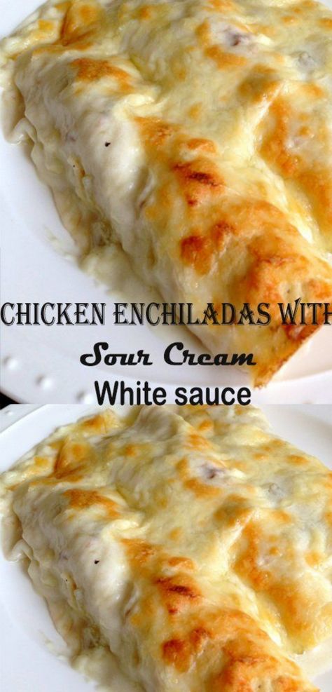 You are going to love this next recipe for Chicken Enchiladas with Sour Cream White sauce because it is delicious and super easy to make. White Cream Enchiladas, Low Carb Sour Cream Chicken Enchiladas, White Chicken Chile Enchiladas, Chicken Taco Enchiladas, White Chicken Enchiladas Cream Of Chicken, White Turkey Enchiladas, Chicken Burritos With White Sauce, White Chicken Burritos, Sour Cream Burritos