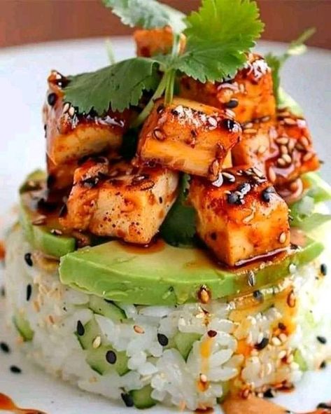 Mama's Old Recipes | Elegant Teriyaki Chicken Avocado Rice Stack 🍗🥑🍚 | Facebook Teriyaki Salmon Avocado Rice Stack, Teriyaki Chicken Avocado Rice Stack, Rice Stacks, Tangy Recipes, Chicken Avocado Rice, Chicken Avacado, Asian Cusine, Chicken Sushi, Grilled Chicken Avocado