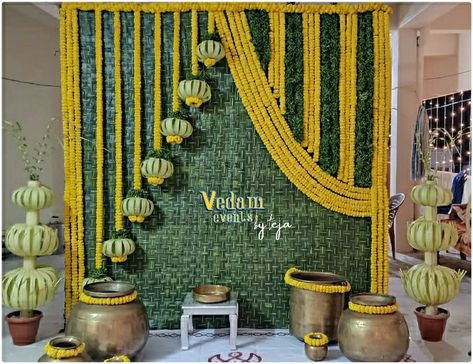 Back Drop Decoration Ideas Indian, Decoration For Pellikuthuru Function, Rice Ceremony Decoration Indian, Pellikuturu Decor, Pellikuthuru Function, Pelli Decoration, Marigold Decor, Diy Engagement Decorations, Stage Decoration Photos