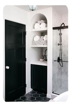 Bathroom Decor. Make Open Closet Bathroom, Open Closet In Bathroom, Bathroom Closet Ideas, Bathroom Alcove, Marble Shelves, Lower Cabinets, Black And White Bathroom, Storage Idea, Bathroom Closet