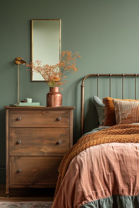 15 Tips for Creating a Terracotta and Sage Bedroom: Embrace Warmth and Tranquility – Everyday Inspo Terracotta Bedding Bedroom, Dark Green Orange Bedroom, Sage Orange Bedroom, Burnt Orange Green Bedroom, Burnt Red Bedroom, Master Bedrooms Burnt Orange, Rust And Olive Bedroom, Green And Terracotta Color Scheme Bedroom, Salmon And Green Bedroom