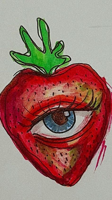 Art Journal Ideas Sketchbooks Draw, Strawberry Eye Drawing, Eye Drawing Abstract, Small Colorful Drawings, Weird Eyes Art, Strawberry With Eyes Tattoo, Drawing Styles Eyes, Weird Sketch Ideas, Weird Painting Ideas Easy