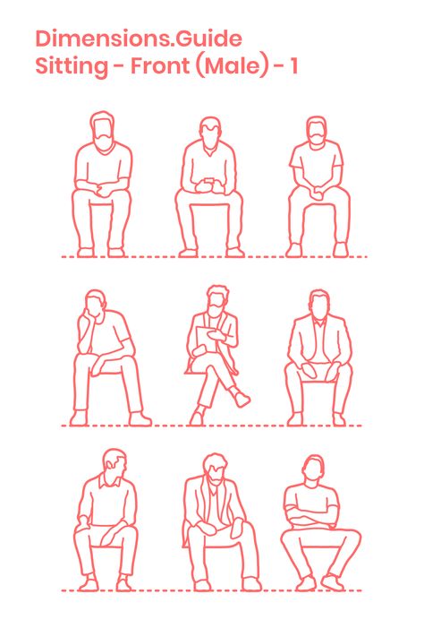 Collection of scaled drawings of men sitting as viewed from the front elevation. Illustrating various casual postures, these drawings of men can be used for adding human scale to drawings of chairs, benches, and surfaces. Drawings are set for high seats at 18” | 46 cm and low seats at 15” | 38 cm. Downloads online #people #humans #sitting #drawings Human Figure Sitting On Chair, People On A Bench Drawing, Man In Chair Drawing, People Sitting On Bench Drawing, Human Sitting Drawing, Sitting Down Front View Drawing, Two People Sitting On A Bench Drawing, Human Figure Sketches Sitting, Man Sitting Down Drawing