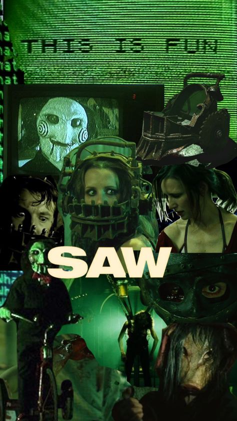 Saw Poster Vintage, Horror Wall Collage, Saw Horror Wallpaper, Saw Movie Wallpaper Iphone, Body Horror Wallpaper, Saw Movies Aesthetic, Jigsaw Wallpaper Horror, Saw Wallpaper Jigsaw, Jigsaw Art Horror