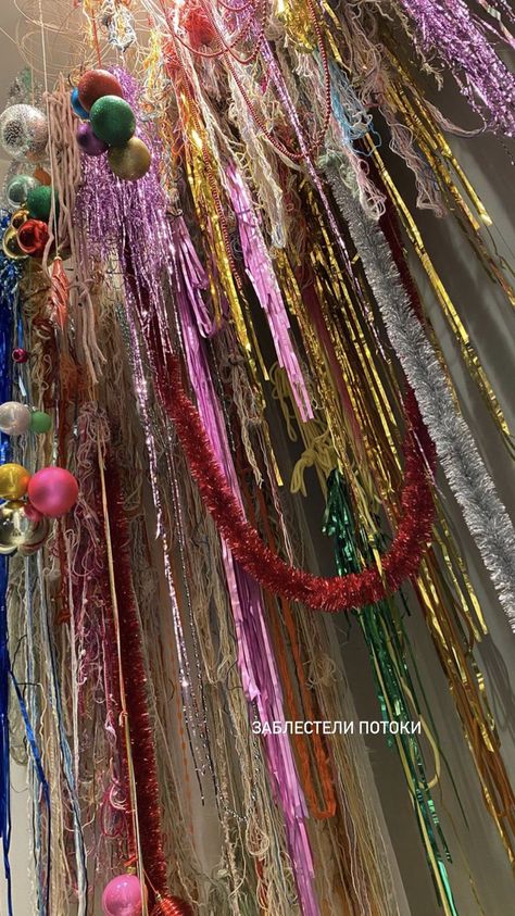 Kitschy New Years, Playful Christmas Decor, Christmas 24 Trends, Maximalist Party Decor, Tinsel Installation, Colorful New Years Eve Party, Nye Tree, Dance Floor Ceiling Decor, Maximalist Christmas Decor