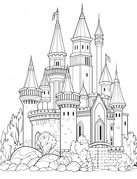 Castle Drawings, Castle Reference, Castle Houses, Castle Coloring Page, Riverside Cottage, Kids Castle, Tree Coloring, Castle Drawing, Christmas Tree Coloring Page