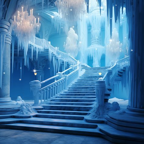 Imagine you are Elsa in the Frozen Ice Palace freezing everything you touch and longing to make peace with Anna. Soon the adventure begins. Magical, glimmering light dances off the iced staircase from the frozen chandeliers above. Brrr Alba Backgrounds is happy to customize Elsa's Frozen Castle Stairs Photo Backdrop to add any text or images you like. FEATURES: Our backdrops are made from 100% polyester. Printed to the highest industry color standards. Seamless up to 10ft. x 20ft. in size. Crease-resistant. Non-reflective. Wash in cold water with very mild detergent and dry on gentle cycle. FABRIC OPTIONS Option 1 (Basic Fabric) Serged edge, Seamless, Non-Reflective Polyester Fabric. Use hand clamps with a stand, or affix to a wall. Basic fabric weighs slightly less than Pro fabric. Option Frozen Set Design Ideas, Elsa Ice Castle, Elsa's Castle, Frozen Elsa Castle, Palace Background, Frozen Ice Castle, Castle Stairs, Frozen Palace, Elsa Castle