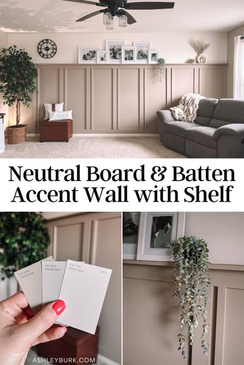 Board And Batten Sitting Room, Accent Wall With Baseboard, Batton Board With Ledge, Above Board And Batten Decor, Batten Board Walls With Shelf, One Wall Board And Batten, Board And Batten Wall With Photos, Board And Batten Wall With Plant Shelf, Entry Way Board And Batten Wall Decor