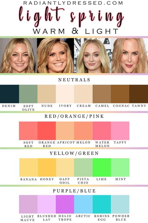 Light Spring Color Pallete, Colour Analysis Spring Clothes, Light Spring Color Palette Clothing, Colour Season Palette, My Color Palette Clothes, Light Spring Color Palette Wardrobe, Late Spring Color Palette, Spring Color Analysis Hair, Spring Pallete Colors Clothes