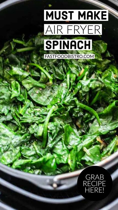 Warm wilted spinach in an Air Fryer cake barrel Air Fry Spinach, Air Fried Spinach Crispy, Crispy Spinach Air Fryer, Fried Spinach Crispy Air Fryer, Spinach In Air Fryer, Air Fryer Spinach Recipes, Spinach Chips Air Fryer, Spinach Air Fryer Recipes, Flash Fried Spinach