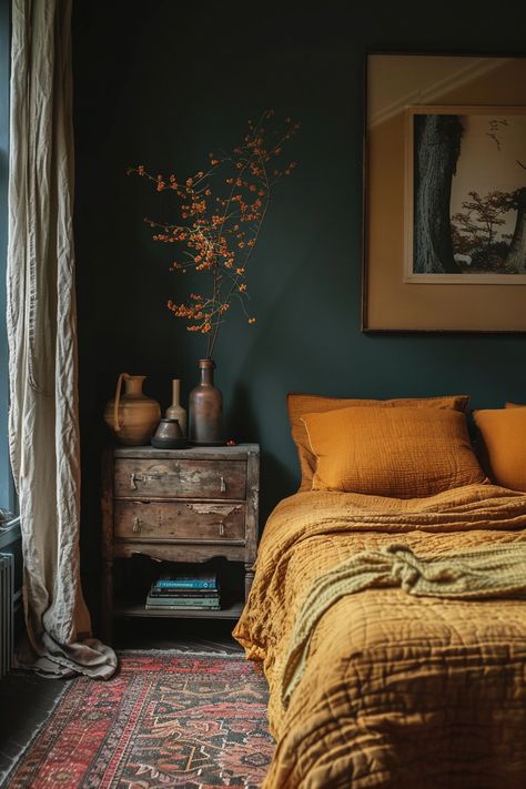 Orange Bedroom, Bohemian Decoration, Earthy Bedroom, Moody Bedroom, Green Walls, Bedroom Walls, Bedroom Green, Room Inspiration Bedroom, Bedroom Aesthetic