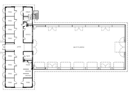 This is the layout, except only four stalls and replace the rest of the space with two wash racks, grain room, tack room with bathroom, and mare and foal stall. Great indoor arena. Stable Layouts, Stable Plans, Equine Barns, Horse Business, Barn Layout, Horse Farm Ideas, Horse Adventure, Horse Barn Ideas Stables, Barn Stalls