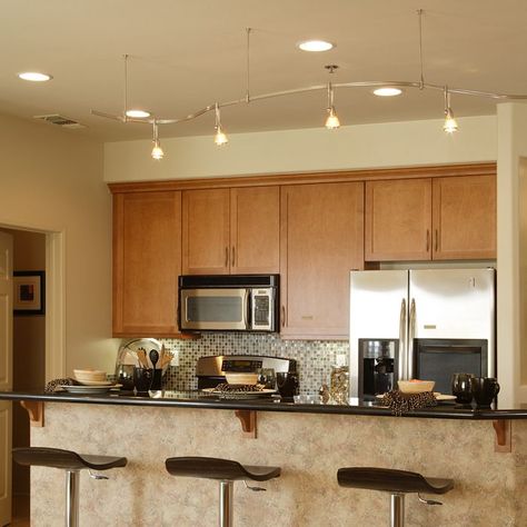 3 Types of Kitchen Track Lighting Kitchen Lighting Fixtures Track, Kitchen Track Lighting, Types Of Kitchen, Track Lighting Kitchen, Lights Over Kitchen Island, Curved Kitchen, Sloping Roof, Track Lighting Fixtures, Dark Kitchen