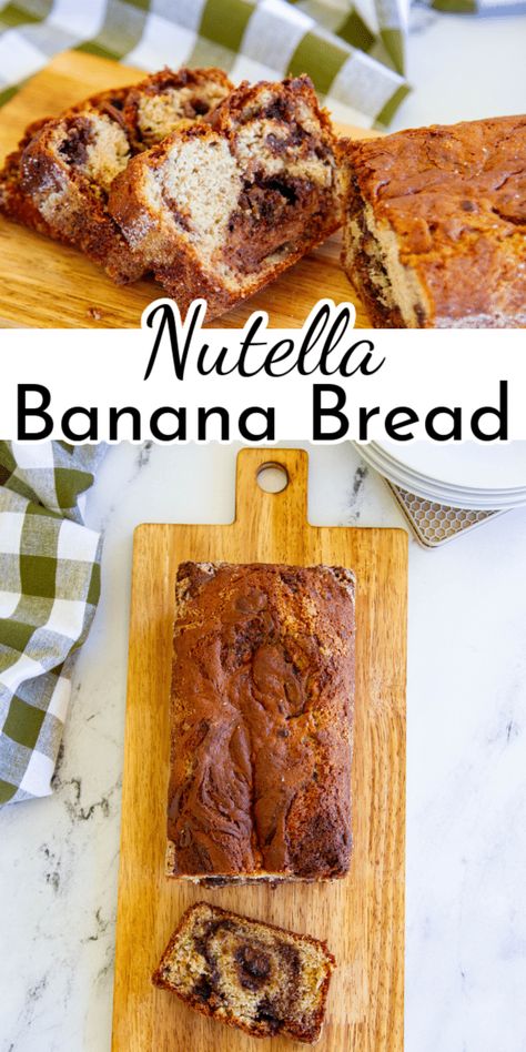 This Nutella Banana Bread is a tasty twist on a classic favorite. Perfect for breakfast, dessert, or a snack, it's a deliciously indulgent treat you’ll love with every bite! via @nmburk Nutella And Banana Recipes, Nutella Banana Bread Recipe, Banana Nutella Bread, Banana Bread With Nutella, Nutella Banana Bread Muffins, Banana Nutella Toast, Cinnamon Swirl Banana Bread, Nutella Banana Bread, Banana Pudding Poke Cake