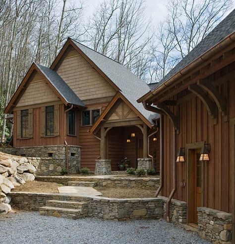 Rustic Board & Batten Siding | With wings and ells tucked into a hillside, and clad with multiple ... Rustic House Exterior, Rustic Farmhouse Exterior, Wood Siding Exterior, Timber Frame House, Porch Roof, Copper Roof, Pintura Exterior, Craftsman Style Homes, Wood House