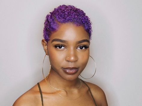 Lavender Twa Hair, Purple Twa, Purple Twa Natural Hair Black Women, Purple Afro Hair Black Women, Pink Shaved Head Black Women, Purple Natural Hair, Pixie Haircut Fine Hair, Shaved Hair Designs, Tapered Natural Hair