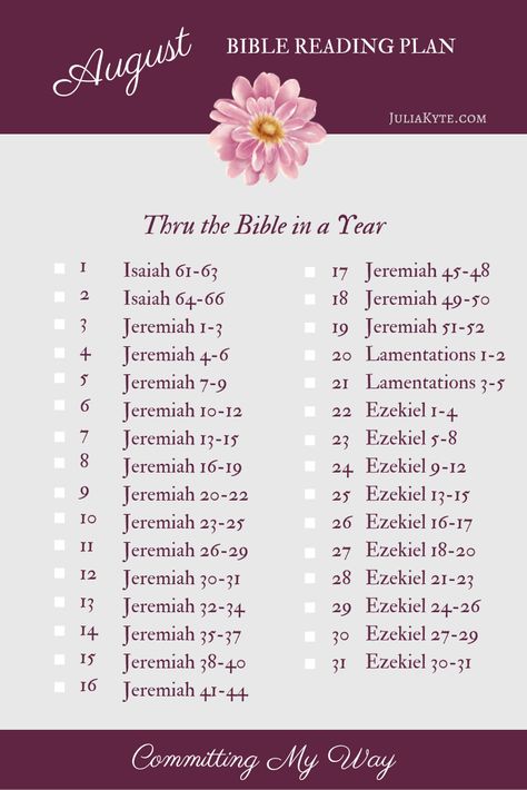 August Bible Reading Plan - Committing My Way July Bible Reading Plan, August Bible Reading, April Bible Reading Plan, Purple Bible, Plan 2025, Gods Wisdom, April Holidays, Kjv Study Bible, Writing Challenges