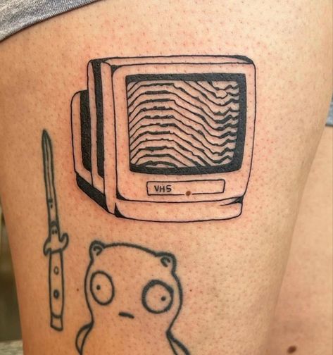 Blockbuster Tattoo, Tv Tattoo Traditional, Old School Tv Tattoo, Crashbox Tattoo, Pay Phone Tattoo, Crt Tv Tattoo, Static Tv Tattoo, Old Computer Tattoo, Box Tv Tattoo