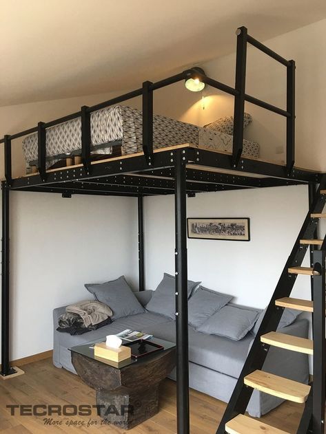 Loft Bed Wood, Entrepisos Ideas, Loft Bed Ideas For Adults, Design Case Mici, Small Loft Apartments, Loft Beds For Small Rooms, Apartemen Studio, A Loft Bed, Beds For Small Rooms