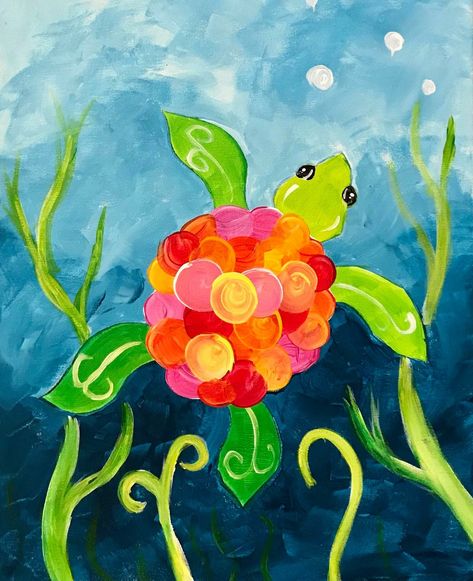 Kids Paint Party Ideas Canvases, Easy Turtle Painting, Underwater Painting Easy, Turtle Art Kids, Kid Painting Ideas, Paintings For Kids, Art Auction Projects, Painted Window Art, Sea Turtle Painting