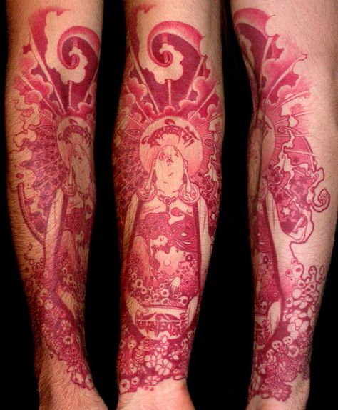 red ink sleeve #arm #tattoos People With Tattoos, New Tattoo Styles, Red Tattoo, Buddha Tattoo, Muster Tattoos, Red Ink Tattoos, Tattoo Shows, Red Tattoos, Trash Polka