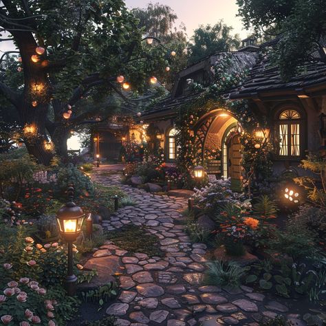 "Enchanted Evening #Garden: A magical #garden #pathway illuminated by soft #lights, leads to a quaint stone #cottage surrounded by #greenery. #garden #evening #lights #pathway #cottage #aiart #aiphoto #stockcake ⬇️ Download and 📝 Prompt 👉 https://stockcake.com/i/enchanted-evening-garden_391780_354215" Quaint Garden, Dream Garden Fairytale, Enchanted Garden Backyard, Lantern Pathway, Tranquil Office, Enchanted Evening, Garden Entrance, Garden Lanterns, Sunset City