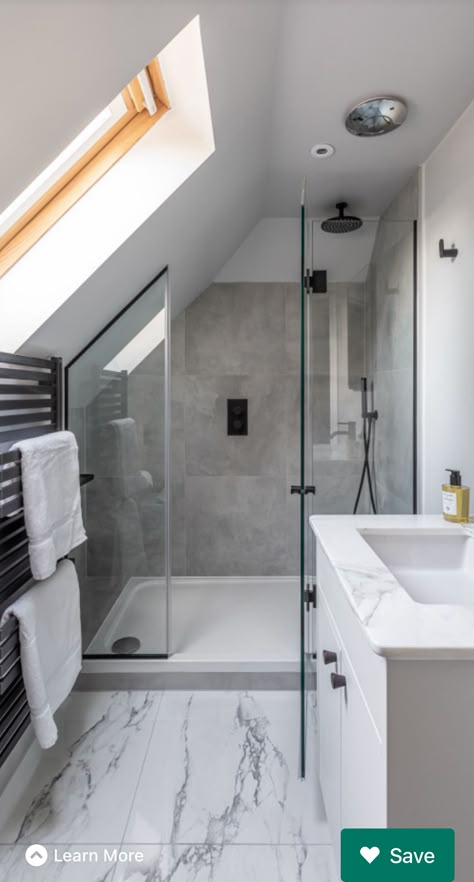 Ensuite Bathroom Ideas Attic, En Suite Attic Bathroom, Small Attic Bathroom Sloped Ceiling Master Bedrooms, Sloping Bathroom Ideas, Bathroom Slanted Roof, En Suite In Eaves, Attic En Suite, Bathroom Remodel Slanted Ceiling, Sloped Roof Bedroom Master Suite