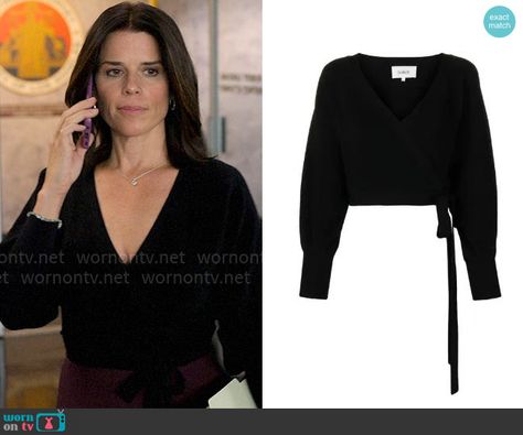 Black Wrap Sweater Outfit, Wrap Sweater Outfit, Black Wrap Sweater, Lincoln Lawyer, Secretary Outfits, Neve Campbell, Lawyer Fashion, Lawyer Outfit, Black Wrap