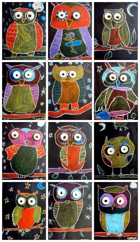 The Lost Sock : Night Owls for Fall Art 2nd Grade, Winter Kunst, Classe D'art, Fall Art Projects, 2nd Grade Art, 3rd Grade Art, Pastel Sec, Line Texture, Owls Drawing