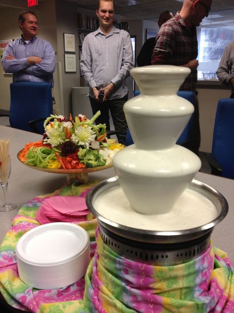 ranch dressing fountain with veggie display--the combo of the gauche fountain with the elegant veggie display is amusing Ranch Fountain Wedding, Ranch Dressing Fountain, Ranch Fountain, Veggie Display, Appetizer Buffet, Veggie Art, Merchandising Ideas, The Newsroom, Pizza Company