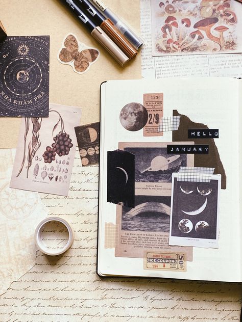 Bujo Dark Academia, Celestial Bujo Theme, Dark Academia Scrapbook Ideas, Celestial Journal Ideas, Space Scrapbook Ideas, Dark Journaling, Dark Journal Aesthetic, Dark Academia Journal Ideas, Dark Academia Scrapbook