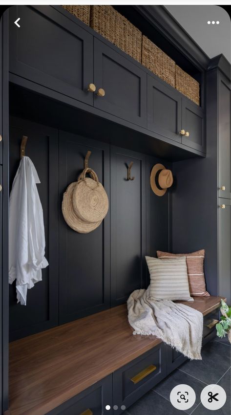 Black Mud Room Cubbies, Black Mudroom Ideas, Storage Bench In Mudroom, Deep Mudroom Bench, Mudroom Seating And Storage, Dark Mudroom Floor, Mudroom Dark Floor, Black Floor Mudroom, Entry Way Bench And Storage