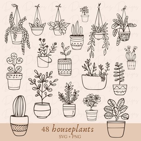 Houseplants Drawing, Journal Plant Doodles, House Plant Doodles, Plant Drawings Aesthetic, Minimalistic Plant Drawing, Houseplant Doodles, Flower Pot Doodle, Easy To Draw Plants, Plants Digital Art