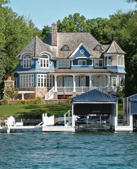 I’m in a vacation state of mind now that my kids are home for the summer, so this house on Lake Geneva got my attention. Imagine how many boats must linger a little as they go by! I know I’d be trying Lake House Exterior, Lake Houses Exterior, Lake Geneva, House Decorating, Waterfront Homes, Dream House Exterior, House Goals, Blue House, Pretty House