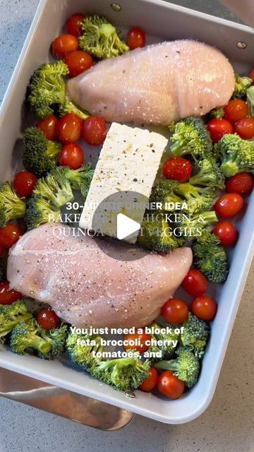 Mediterranean Diet | Recipes | Meal Plan 🇺🇸 on Instagram: "This baked feta, chicken & quinoa with veggies has over 8 million views and so many remakes…for good reason!! it’s so easy, delish, & makes for perfect leftovers 🍅🍃🥦   Here’s everything you need: - 1 cup (8oz) feta cheese (block is best but crumbled works) - 2 tbsp olive oil - 1 cup cherry tomatoes - 2 cups chopped broccoli florets - 1 +1/2 lbs boneless chicken breast - 1 tsp salt - 1/2 tsp black pepper - 2 tsp garlic powder - 1/2 cup fresh basil leaves - 1 cup cooked quinoa  Preheat oven to 400 degrees. In a large casserole dish, add the feta block, olive oil, cherry tomatoes, broccoli, and chicken, spacing the chicken evenly and placing the feta in the middle.  Cover everything with the salt, pepper, and garlic powde Chicken Feta Broccoli Sheet Pan, Feta Chicken Quinoa Bake, Feta Cheese Recipes Chicken, Feta Cheese Casserole, Block Feta Recipes, Baked Feta Chicken And Quinoa, Feta Cheese And Chicken Recipes, Feta Veggie Bake, Feta Chicken Bake