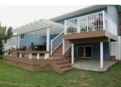 Deck Ideas Multi Level, Multi Level Deck With Pergola, Two Story Decks Backyard, Split Level Home Deck Ideas, Multilayer Deck Patio Ideas, Tri Level Deck Ideas, Two Level Deck With Hot Tub, Backyard Multi Level Deck Ideas, 2 Level Deck Ideas With Pool