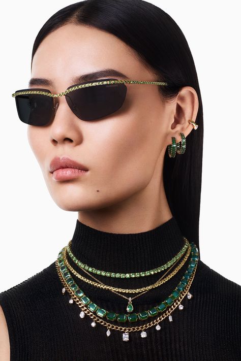 Dazzling micropavé floating bridge flows across the temple tips, our #SwarovskiEyewear reflecting the flowing layers of crystal savoir-faire in our green #SwarovskiJewelry. #Swarovski #CrystalMetamorphosis Floating Bridge, Swarovski Sunglasses, Crystal Sunglasses, Black Sails, Moda Paris, Swarovski Necklace, Luxury Purses, Be Unique, Swarovski Jewelry